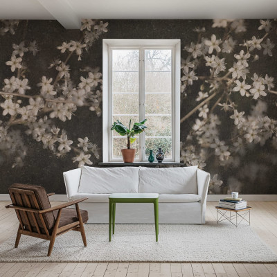 Tapet cu flori albe pe un fundal gri închis, cu un design floral delicat. Tapetul este potrivit pentru living, dormitor, birou.