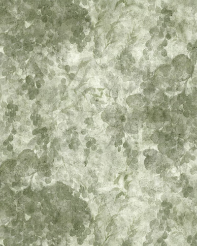 Imagine cu wallpaper-ul Grapevine Silhouette - Verde, cu un design minimalist și siluete delicate ale viței de vie, într-un spațiu modern cu o masă și scaune din lemn.