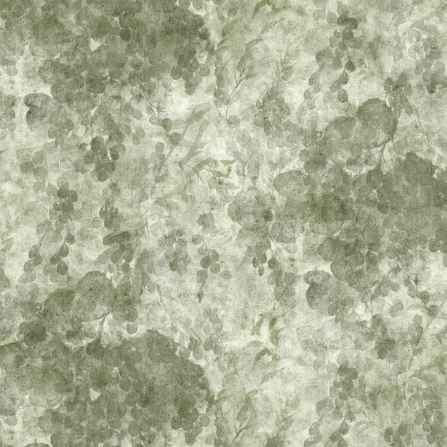 Imagine cu wallpaper-ul Grapevine Silhouette - Verde, cu un design minimalist și siluete delicate ale viței de vie, într-un spațiu modern cu o masă și scaune din lemn.