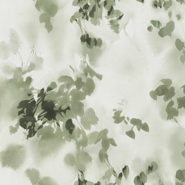 Tapetul Hazy Leaves Verde, cu frunze estompate in nuante de verde, intr-un interior minimalist si elegant.