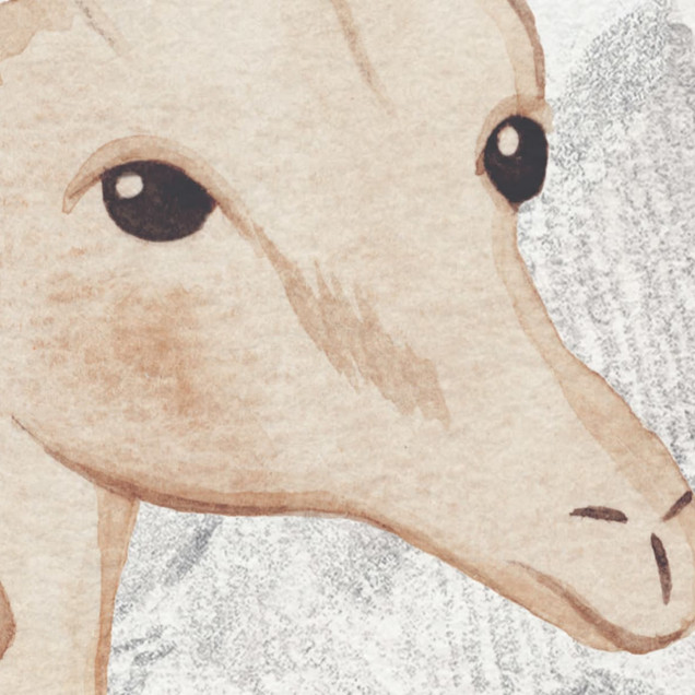 Tapet cu o girafa, un elefant, maimuța, un toucan, un nor zâmbitor și palmieri, pentru camera copiilor, in culori pastelate.