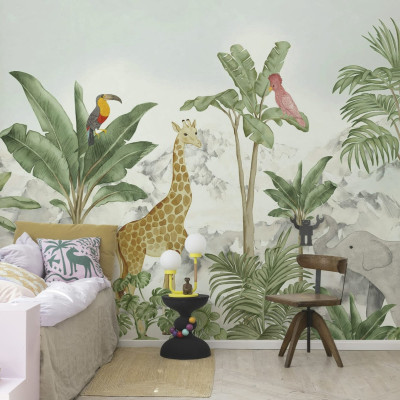 Tapet cu un design unic inspirat de jungla tropicala, cu girafa, elefant, tucan si papagal.