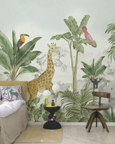 Tapet cu un design unic inspirat de jungla tropicala, cu girafa, elefant, tucan si papagal.