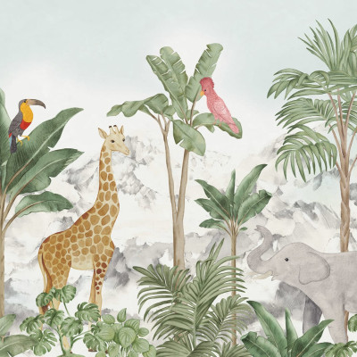 Tapet cu un design unic inspirat de jungla tropicala, cu girafa, elefant, tucan si papagal.