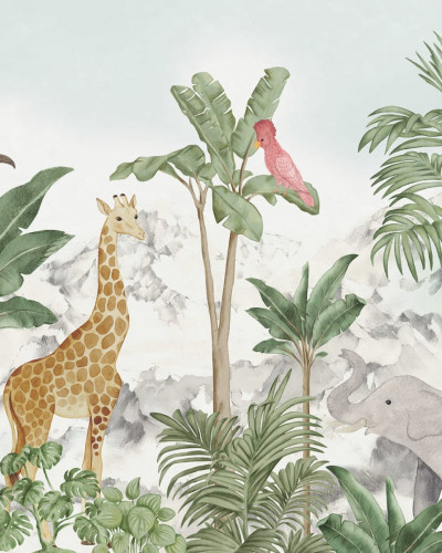 Tapet cu un design unic inspirat de jungla tropicala, cu girafa, elefant, tucan si papagal.