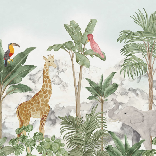 Tapet cu un design unic inspirat de jungla tropicala, cu girafa, elefant, tucan si papagal.