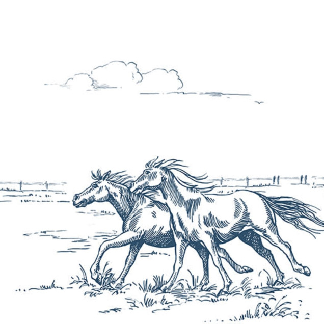 Tapet Horses Herd Grand Blue cu un efectiv de cai care aleargă liber printr-un câmp