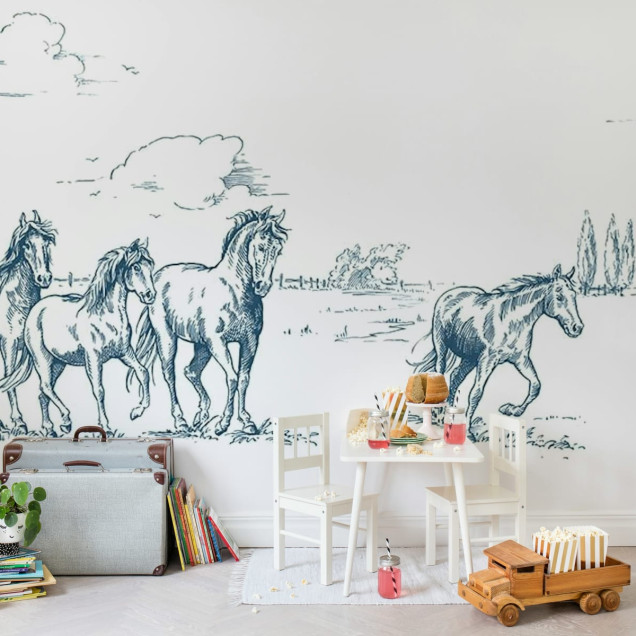 Tapet Horses Herd Grand Blue cu un efectiv de cai care aleargă liber printr-un câmp