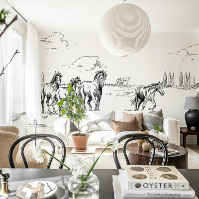 Tapet Horses Herd Grand, Negru, cu cai in negru pe un fundal alb