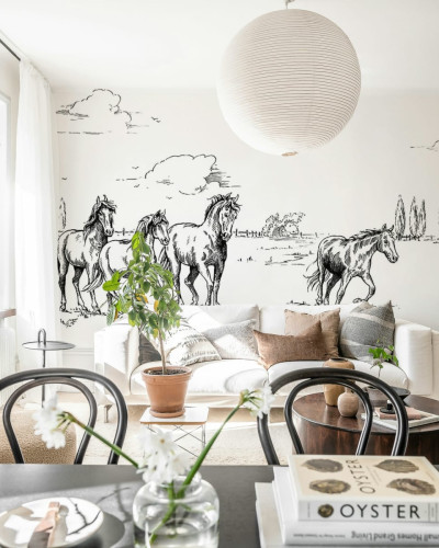 Tapet Horses Herd Grand, Negru, cu cai in negru pe un fundal alb