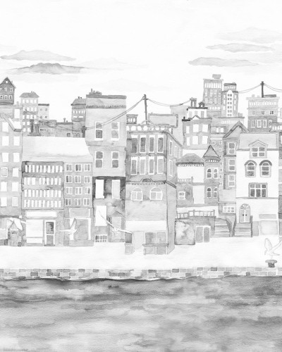 Wallpaper monocrom cu imagine a unui oraș portuar, Harbour, Gray