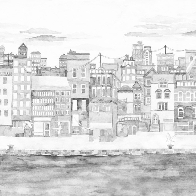 Wallpaper monocrom cu imagine a unui oraș portuar, Harbour, Gray
