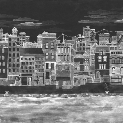 Imagine cu Harbour, Black, un wallpaper care prezintă o panoramă a unui oraș cu clădiri înalte și străzi înguste create în nuanțe de alb pe un fundal negru.