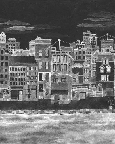 Imagine cu Harbour, Black, un wallpaper care prezintă o panoramă a unui oraș cu clădiri înalte și străzi înguste create în nuanțe de alb pe un fundal negru.