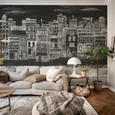 Imagine cu Harbour, Black, un wallpaper care prezintă o panoramă a unui oraș cu clădiri înalte și străzi înguste create în nuanțe de alb pe un fundal negru.