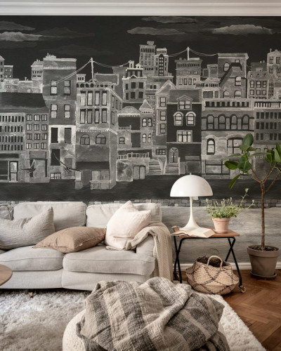 Imagine cu Harbour, Black, un wallpaper care prezintă o panoramă a unui oraș cu clădiri înalte și străzi înguste create în nuanțe de alb pe un fundal negru.