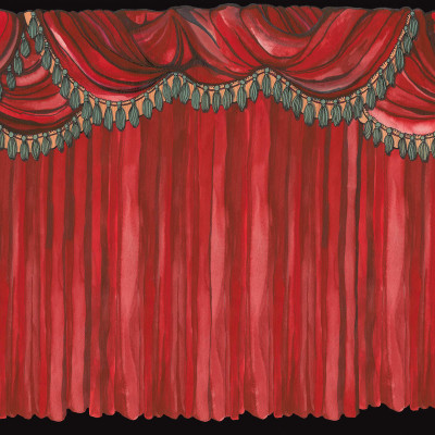 Fototapet cu draperii roșii în stil teatru, cu accente în verde și maro, perfect pentru a aduce o notă de eleganță și dramatică în casa dumneavoastră.