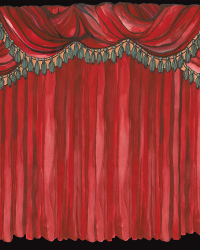 Fototapet cu draperii roșii în stil teatru, cu accente în verde și maro, perfect pentru a aduce o notă de eleganță și dramatică în casa dumneavoastră.