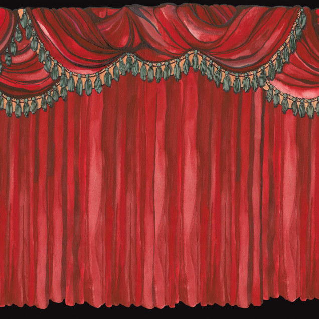 Fototapet cu draperii roșii în stil teatru, cu accente în verde și maro, perfect pentru a aduce o notă de eleganță și dramatică în casa dumneavoastră.