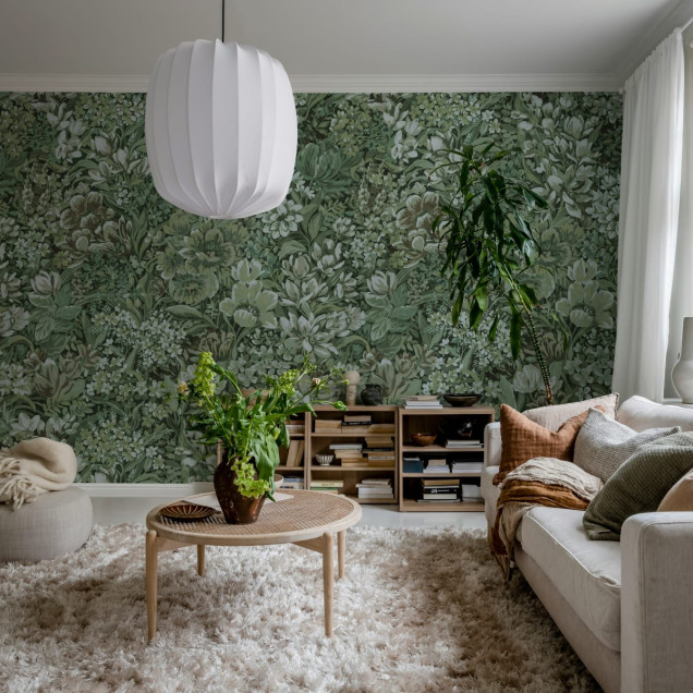 Tapet floral verde cu model complex, ideal pentru dormitor sau living