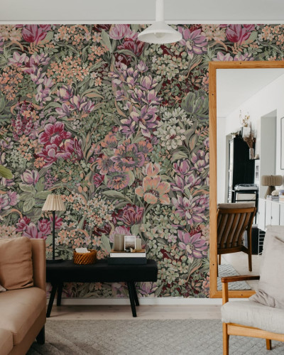 Tapet floral, Floral Garden, cu flori roșii și verzi, pe un fundal gri