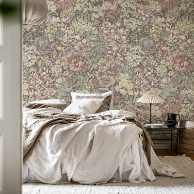 Tapet floral roz cu flori colorate, Floral Garden