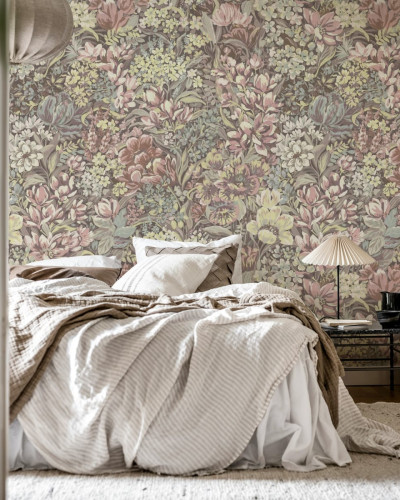 Tapet floral roz cu flori colorate, Floral Garden