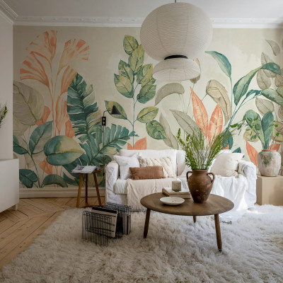 Fototapet cu plante pastelate într-un living modern