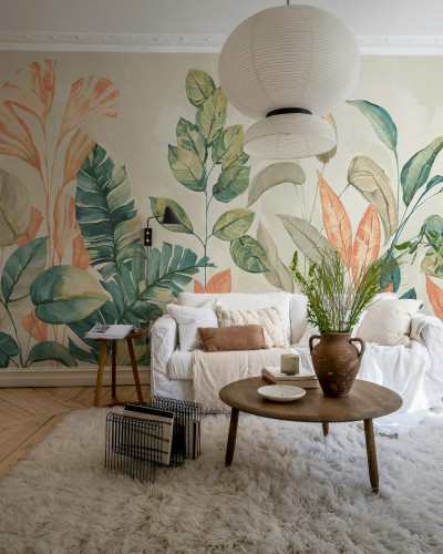 Fototapet cu plante pastelate într-un living modern