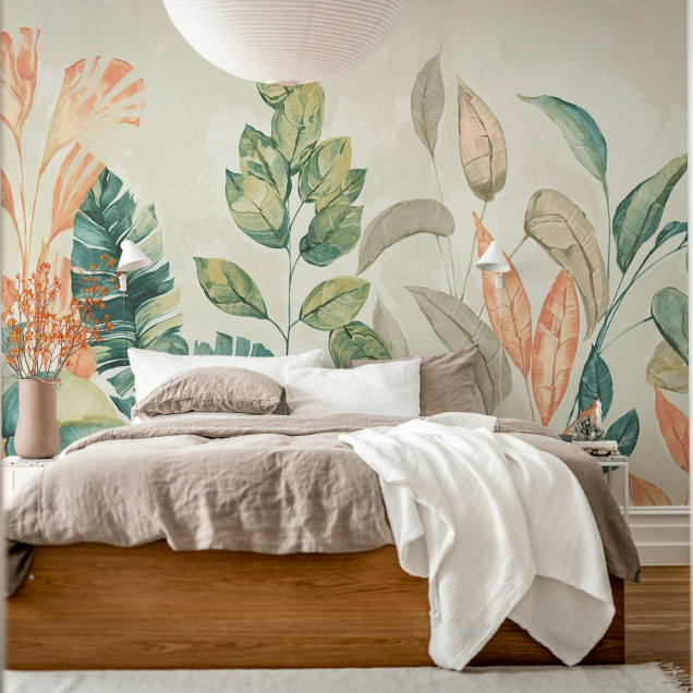 Fototapet cu plante pastelate într-un living modern