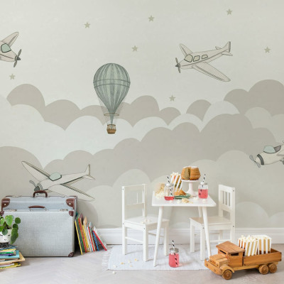 Tapet Fly Away Pastel, cu avioane și un balon cu aer cald pe un fundal pastelat.