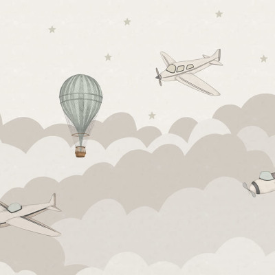Tapet Fly Away Pastel, cu avioane și un balon cu aer cald pe un fundal pastelat.
