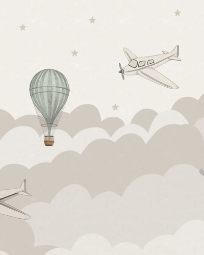 Tapet Fly Away Pastel, cu avioane și un balon cu aer cald pe un fundal pastelat.