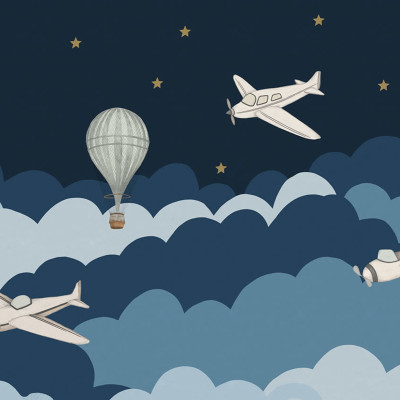 Tapet cu avion, balon cu aer cald și stele, pe fond albastru.