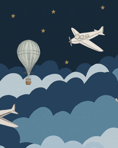 Tapet cu avion, balon cu aer cald și stele, pe fond albastru.
