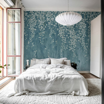 Tapet cu flori albe delicate pe un fundal albastru închis, Draped Blossoms, Dark Blue