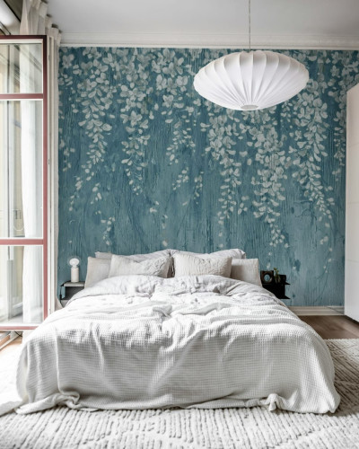 Tapet cu flori albe delicate pe un fundal albastru închis, Draped Blossoms, Dark Blue