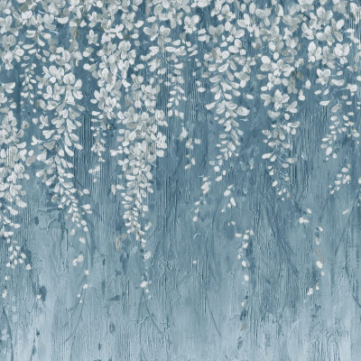 Tapet cu flori albe delicate pe un fundal albastru închis, Draped Blossoms, Dark Blue