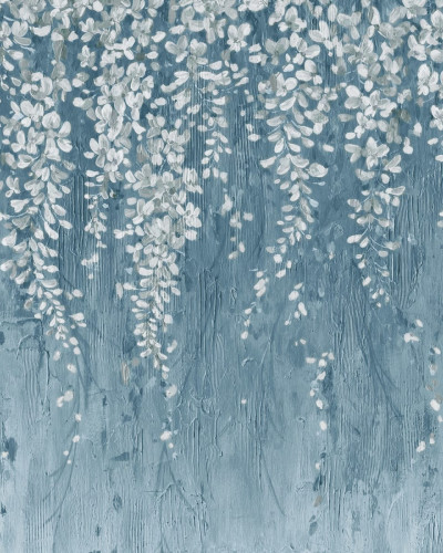 Tapet cu flori albe delicate pe un fundal albastru închis, Draped Blossoms, Dark Blue