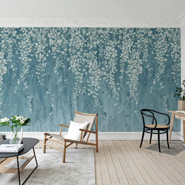 Tapet cu flori albe delicate pe un fundal albastru închis, Draped Blossoms, Dark Blue
