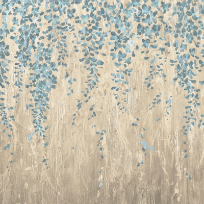 Tapet floral modern cu flori albastre pe un fundal crem cu textura lemnului.
