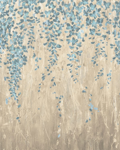 Tapet floral modern cu flori albastre pe un fundal crem cu textura lemnului.