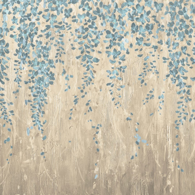 Tapet floral modern cu flori albastre pe un fundal crem cu textura lemnului.