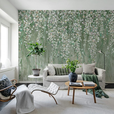 Tapet floral verde cu flori atârnate în living
