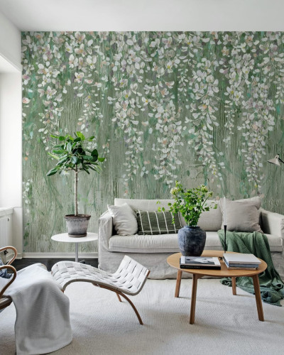 Tapet floral verde cu flori atârnate în living