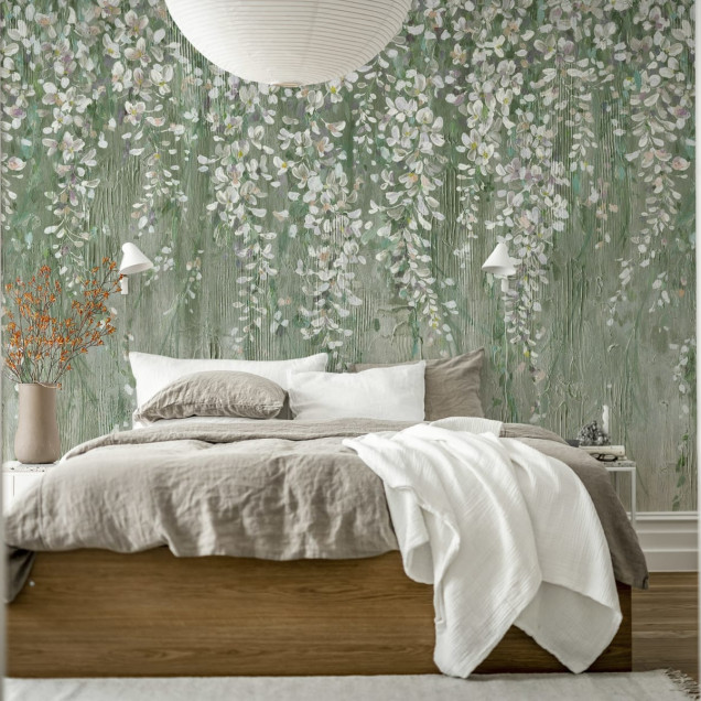 Tapet floral verde cu flori atârnate în living