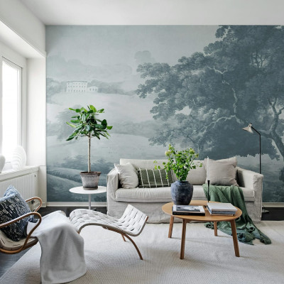 Fototapet cu design de copac vintage, albastru, într-un living modern