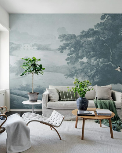 Fototapet cu design de copac vintage, albastru, într-un living modern