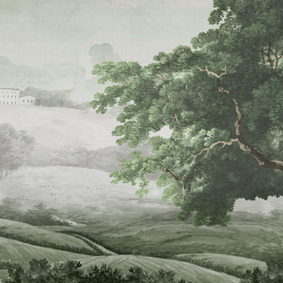 Tapet Vintage Tree, Soft Green, cu un design inspirat de arta veche, prezintă un copac și peisajul din jur, într-o nuanță delicată de verde.