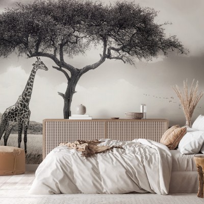 Tapet cu girafa in savană, design monocrom, inspirat din natură. Perfect pentru dormitor sau living.